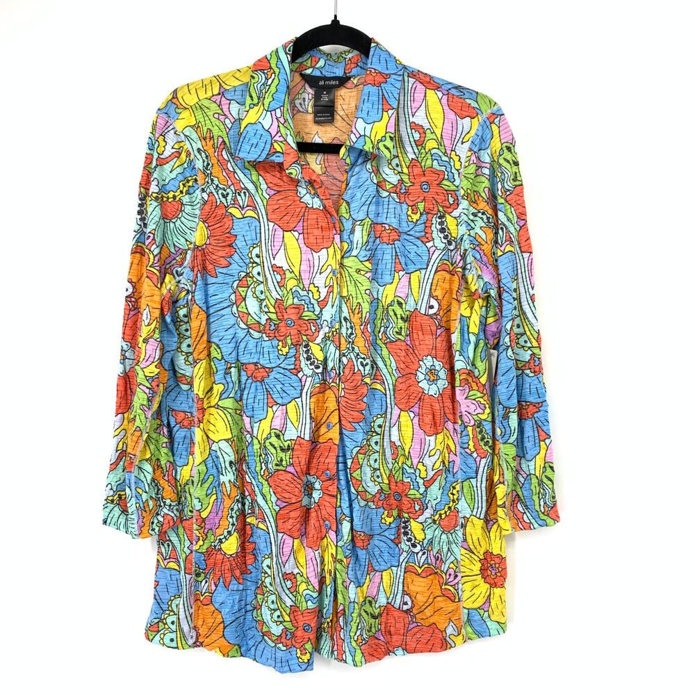 Ali Miles Long Sleeve Button Front Collared Shirt Womens Sz M Multicolor Floral